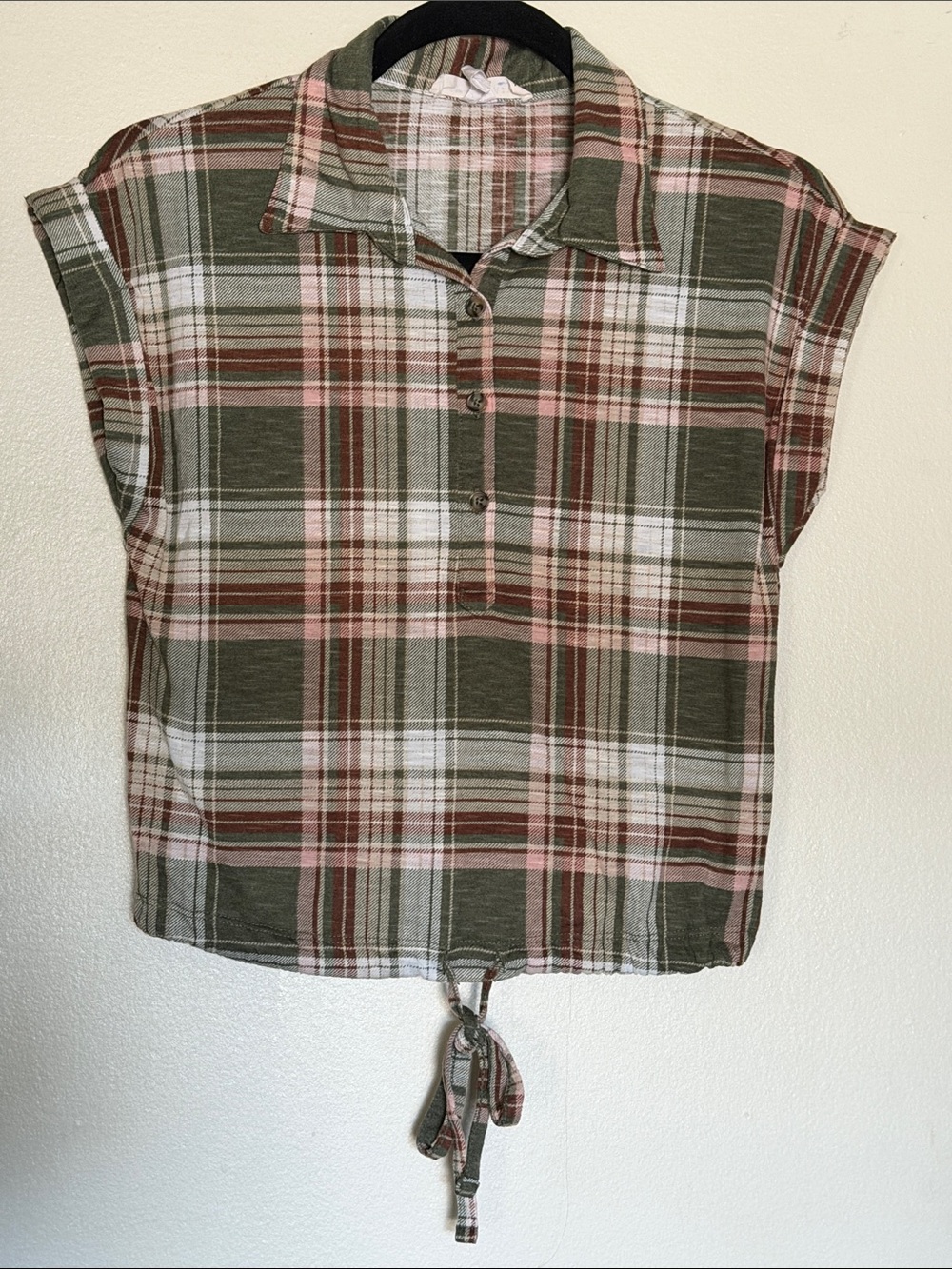 Love Crazy Brand S Plaid Tie-Hem Crop Top - Olive Pink
